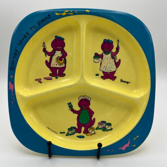 VTG 90s Barney Purple Dinosaur Loves to Paint 9" Divided Kids Plate Melamine - Picture 1 of 8
